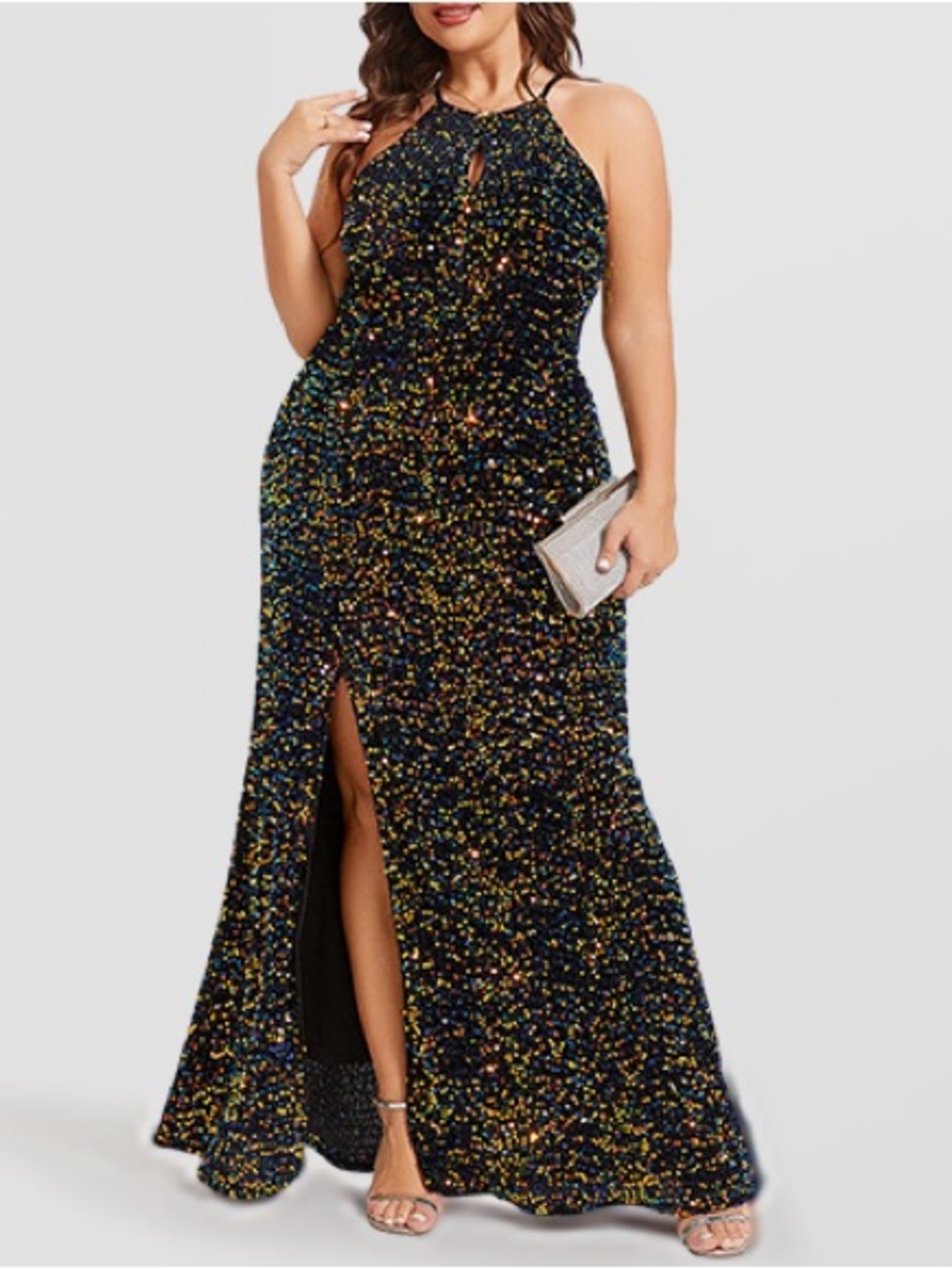 Plus Size Black Multicolor Sequin Halter Maxi Dress